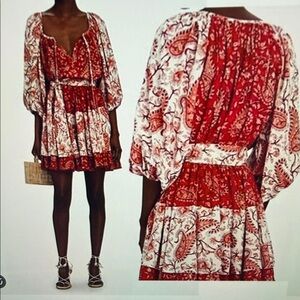 Charina Sarte Red Paisley Mini Dress with Puff Sleeves NWT